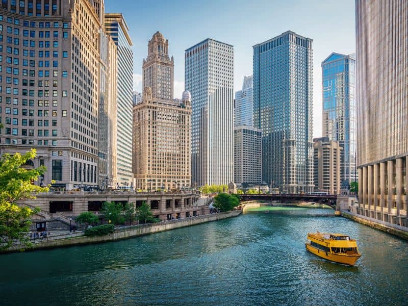 Downtown Chicago skyline and Chicago River representing professional land surveying services, property surveys, and land development planning in Chicago, Illinois