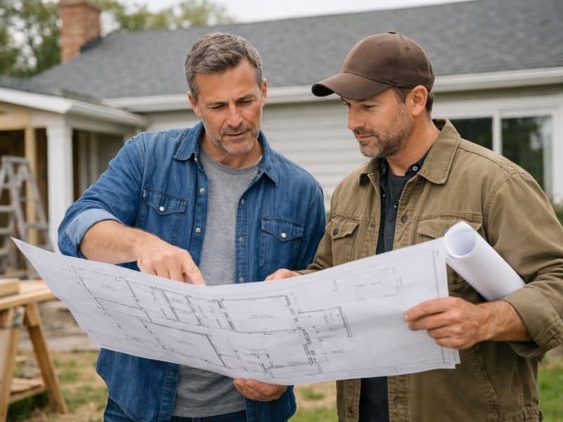 Homeowner and contractor reviewing plans before using a property survey for a home addition