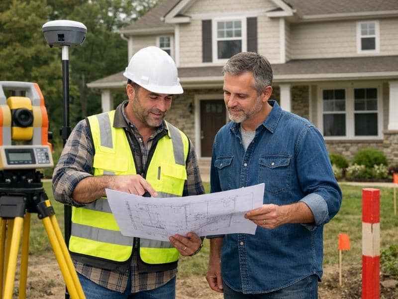 Surveyor reviewing site plans with a homeowner before a construction project using an accurate property survey