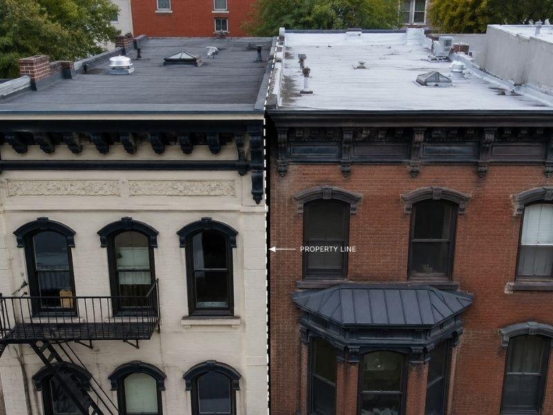 Attached commercial buildings with shared walls and projecting architectural features reviewed during an ALTA survey
