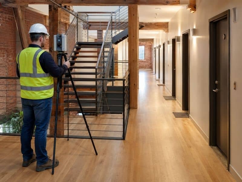 Surveyor using a laser scanner inside an existing building being divided into condominium units and shared corridors.