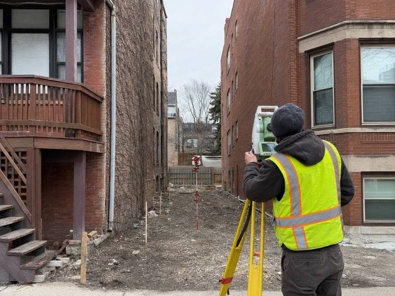 Boundary Survey equipment measuring a narrow Chicago infill lot beside brick shared walls